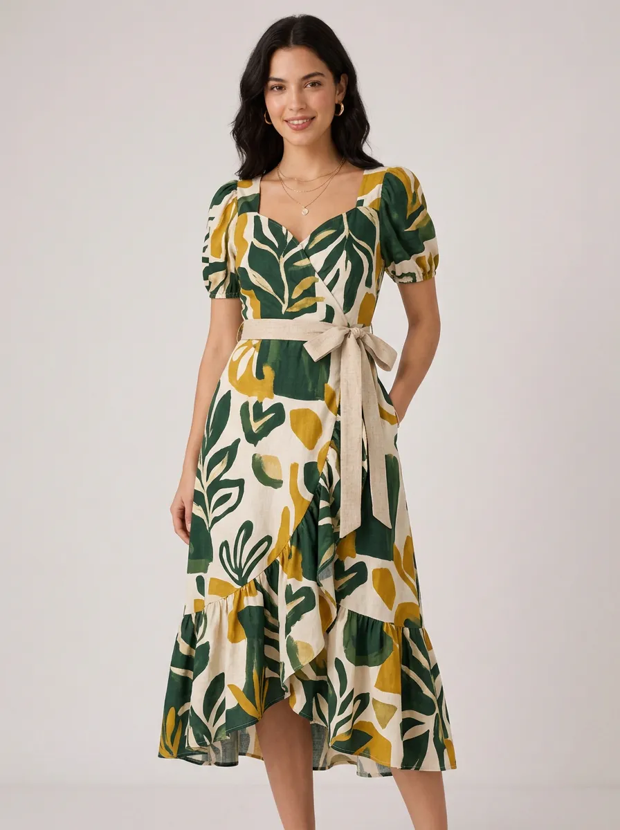Women's Botanical Abstract Leaf Printed Wrap Dress