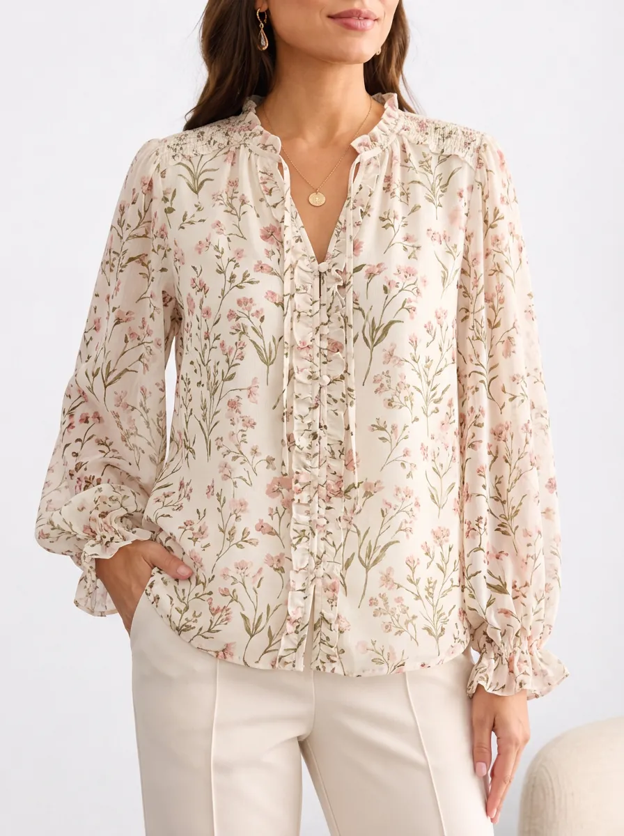 Women's Floral Botanical Ruffle Trim Printed Blouse