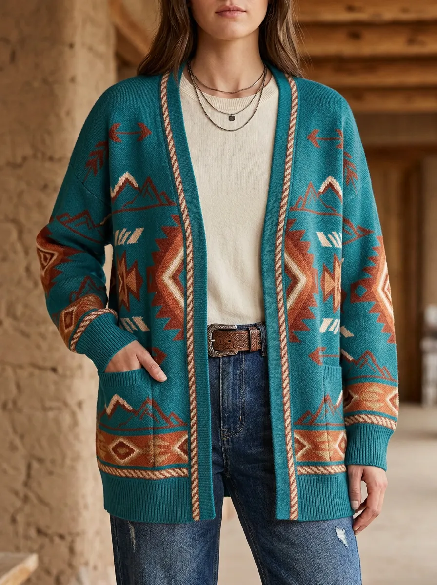 Women's Western Style Mountain Geometric Pattern Printed Cardigan