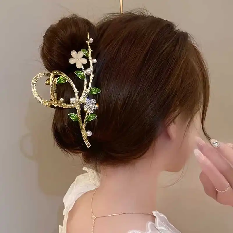 Floral Hair Claw Faux Pearls And Rhinestones Decoration