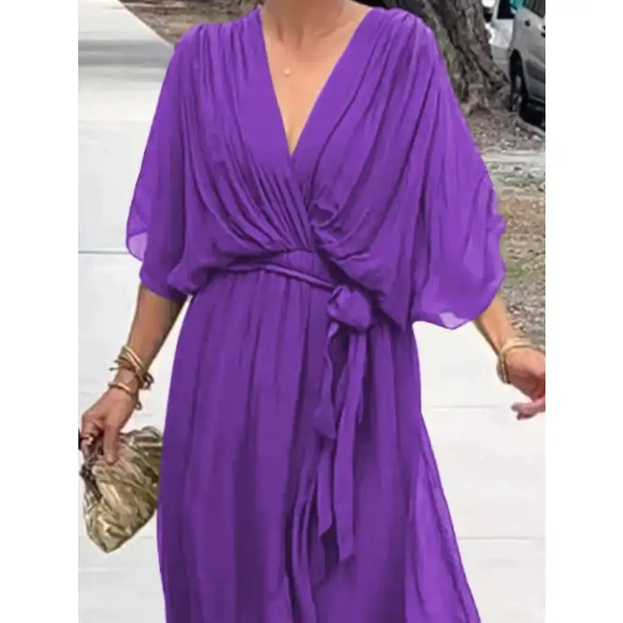 Full Size Flowy Tie Front Midi Dress with Flutter Sleeves Plus Size