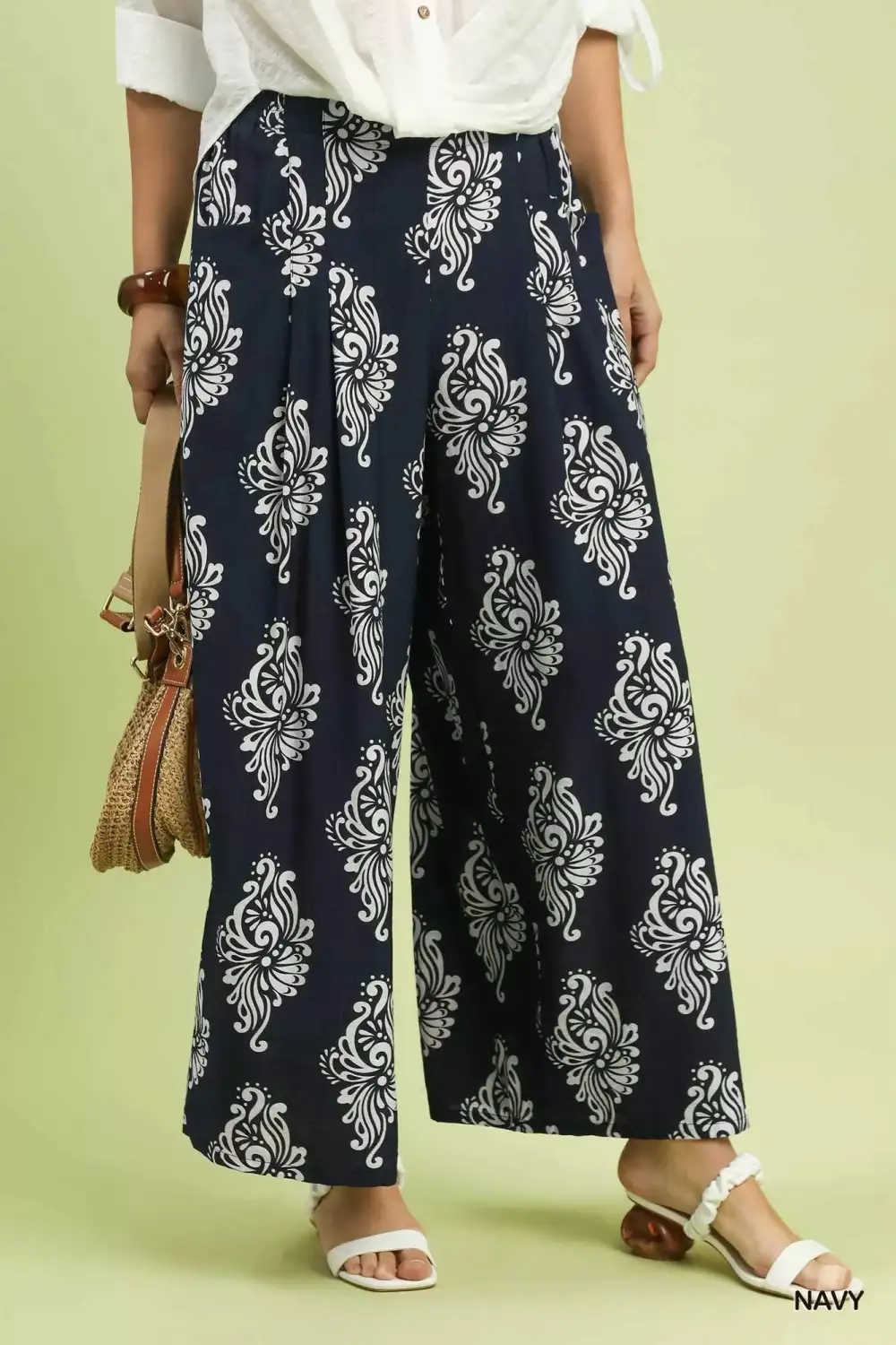 Wide Leg Printed Drawstring Elastic Waist Pants