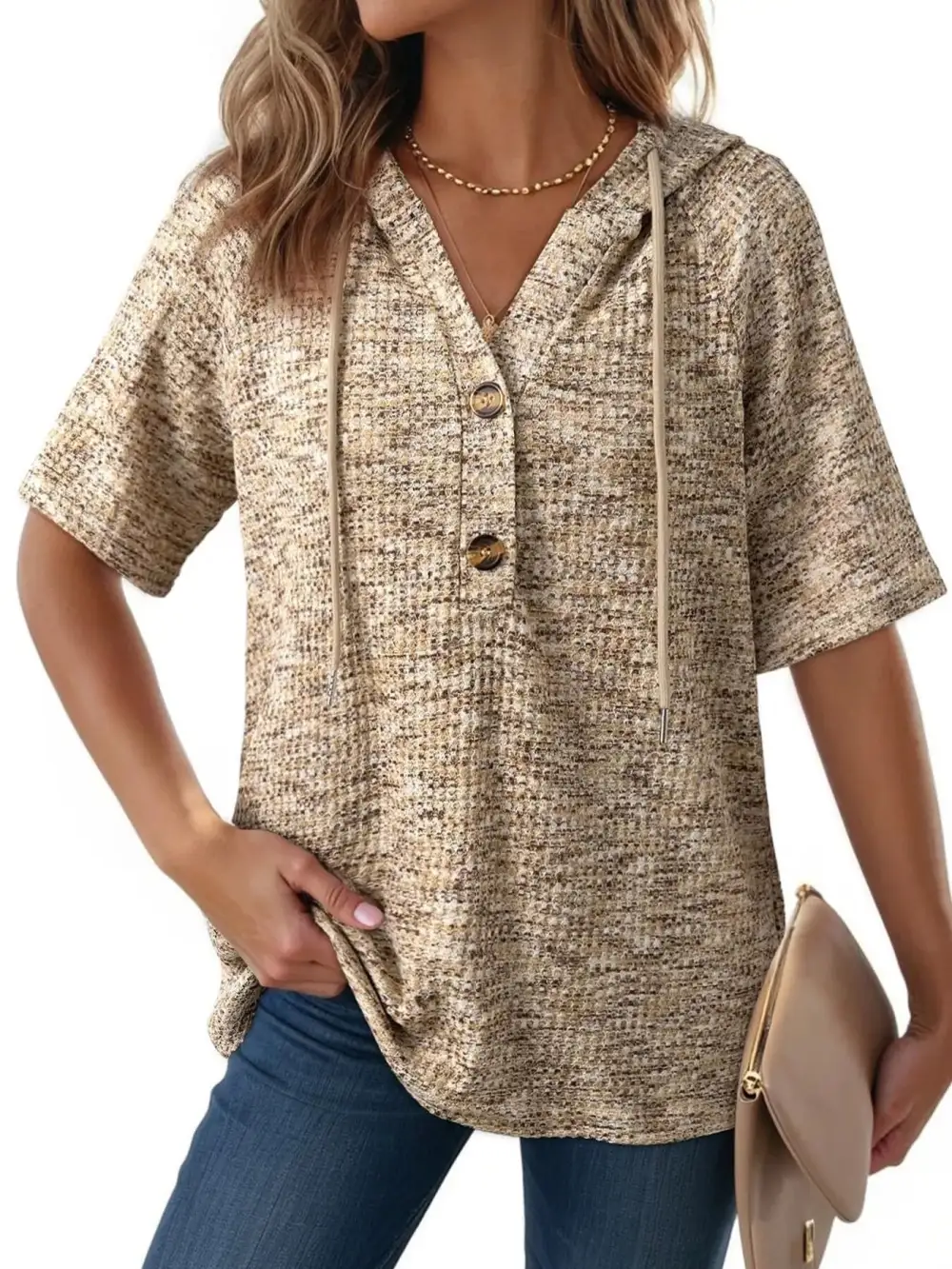 Drawstring Short Sleeve Hooded Top