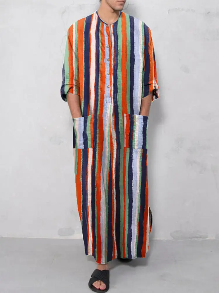 Men's Casual Kaftan Linen Blend With Button Placket And Patch Pockets