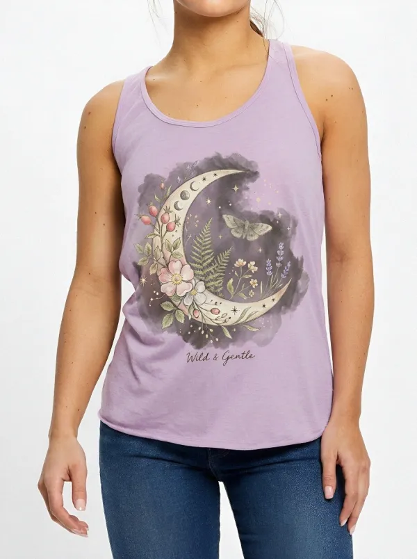 Women's Celestial Floral Moon Moth Printed Tank Top