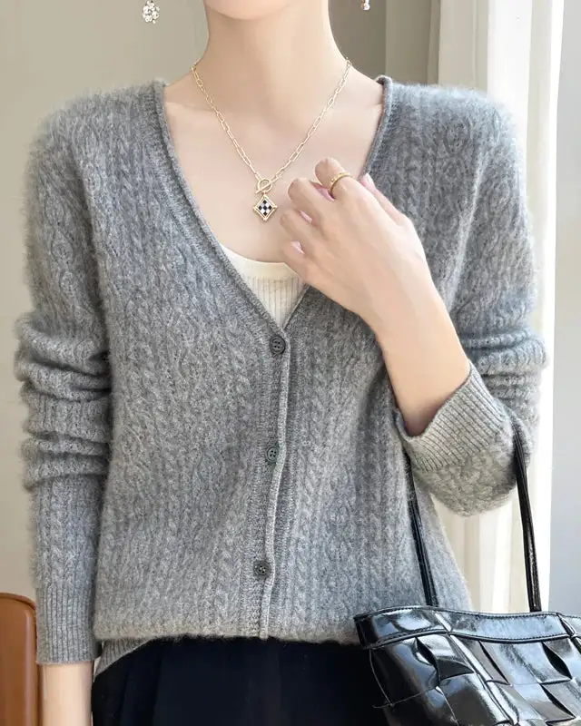 Merino-Wool Wool Button-Front V-Neck Cardigan