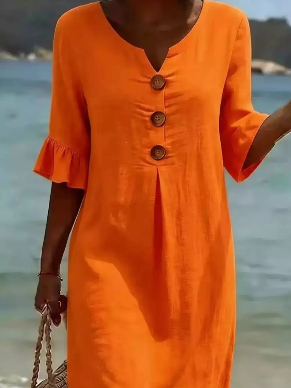 Button Decor Ruffle Sleeve Midi Dress