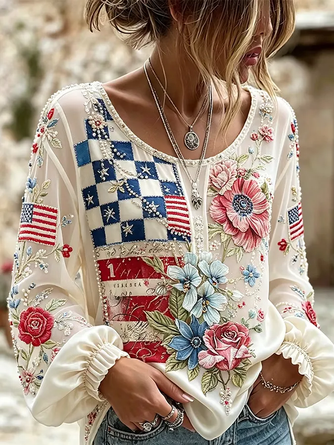 Women's Vintage American Flag Floral Art Cotton-Linen Shirt