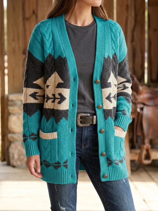 Casual Aztec Geometric Women's Western Knit Cardigan