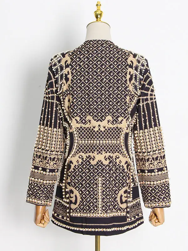 Long Sleeve Relaxed Beaded Printed V-Neck Neck Blazer