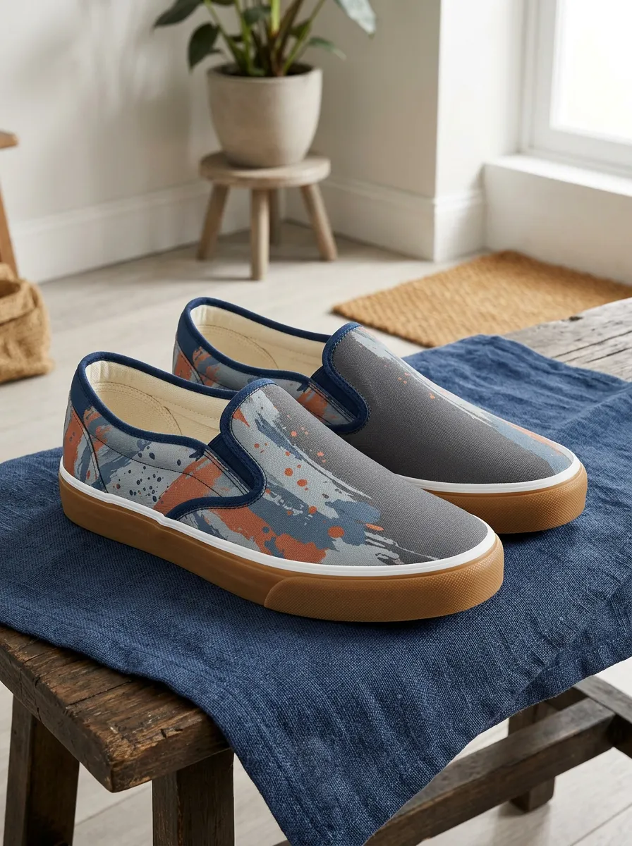 Men's Abstract Paint Splatter Grey Orange Printed Canvas Shoes