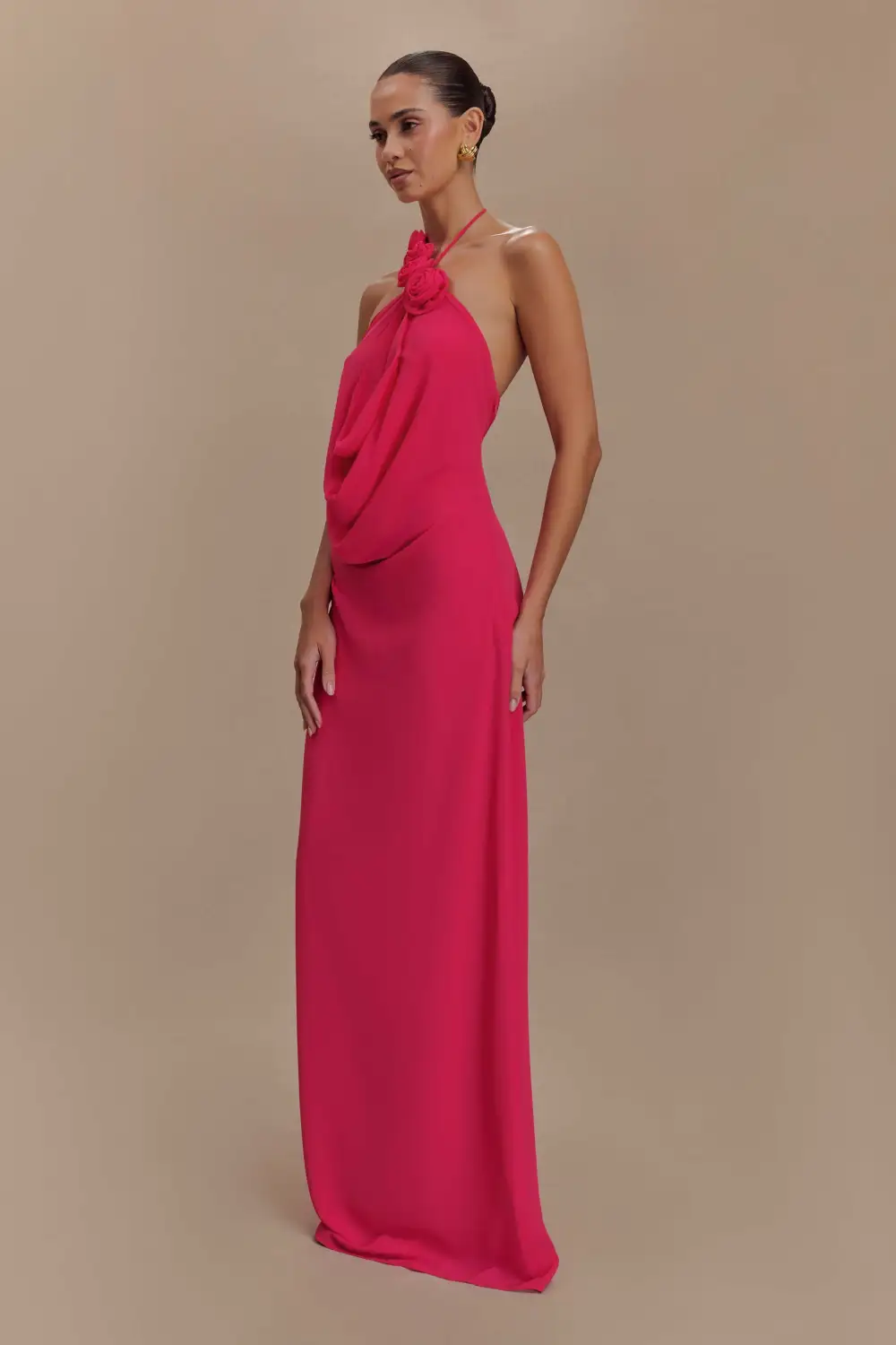 3D Flower Chiffon Halter Neck Maxi Dress