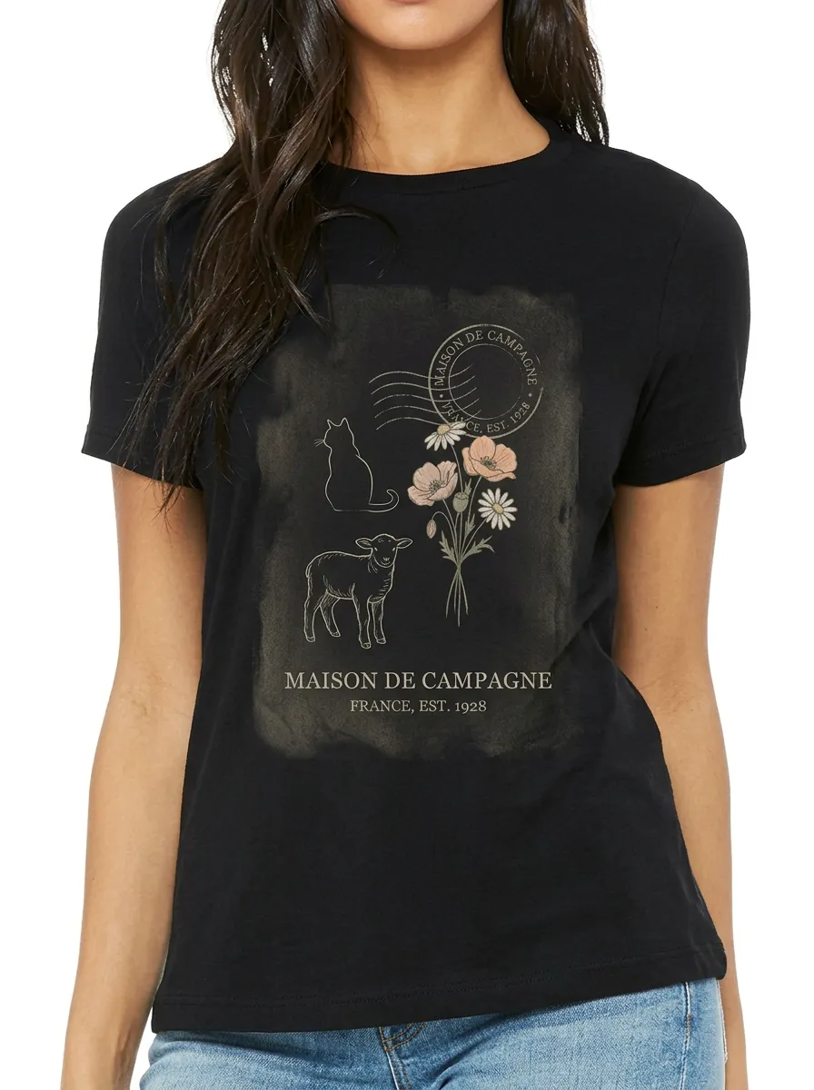 Women's French Countryside Cat Lamb Floral Printed T-shirt