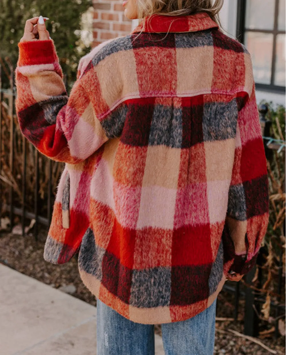 Orange Plaid Print Flap Pockets Buttoned Casual Plus Size Jacket