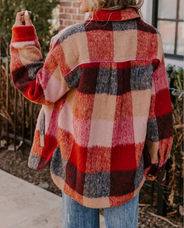 Orange Plaid Print Flap Pockets Buttoned Casual Plus Size Jacket