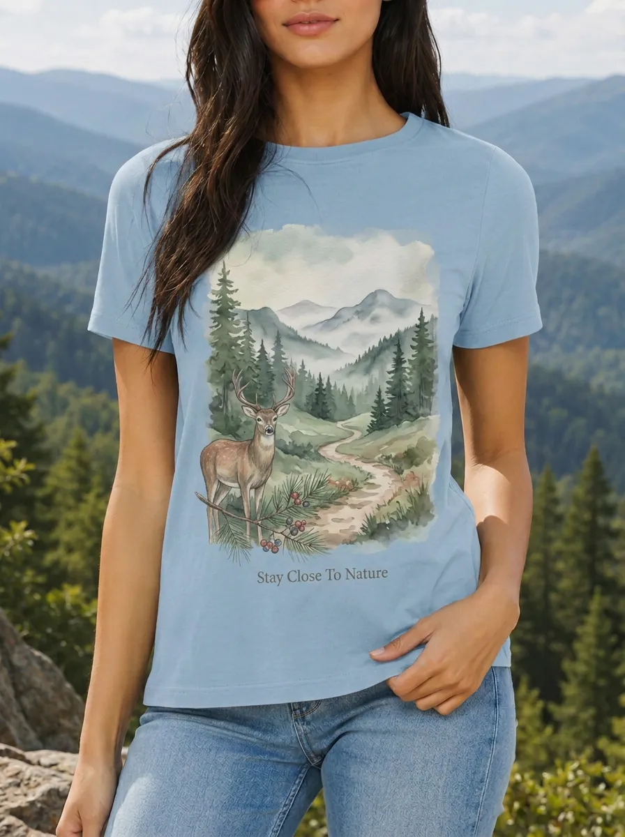 Women's Nature Lover Deer Forest Mountain Printed T-shirt