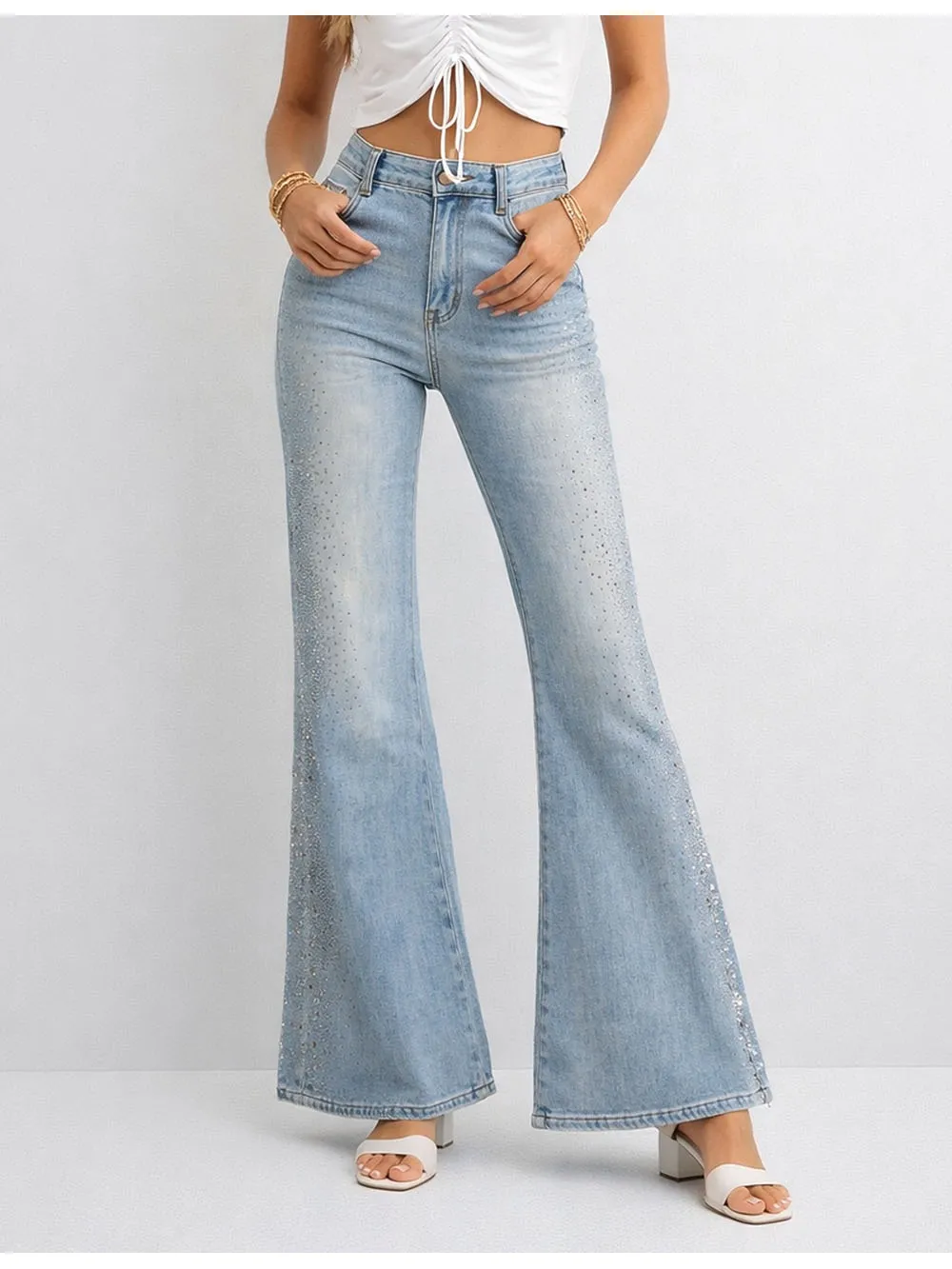 Rhinestone Stud Button Fly Flared Leg Denim Pants
