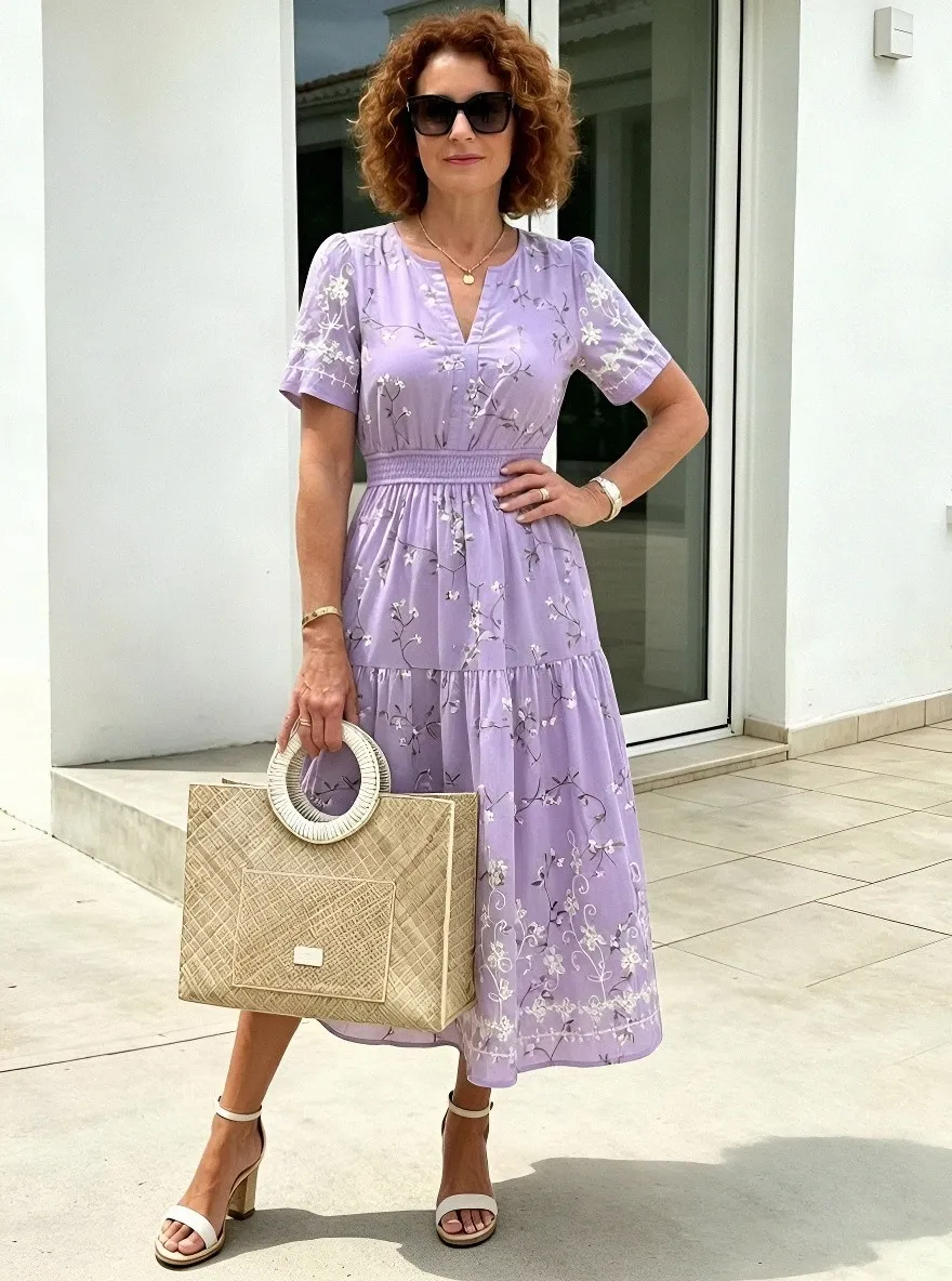 Women's Summer Vacation Sage Green Floral Embroidered Printed Dress