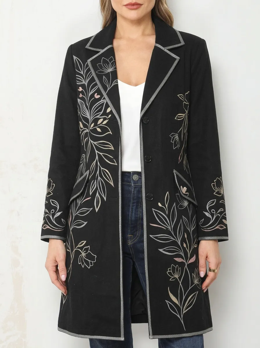 Women's Botanical Floral Art Printed Long Blazer Coat