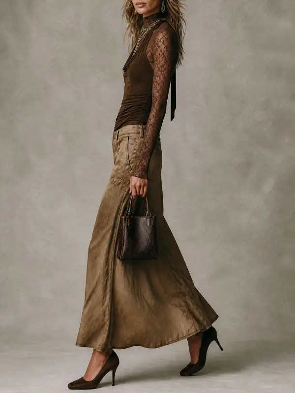 Bohemian Luxe Lace Cowl-Neck Top & Patch Pockets Tencel Skirt Set