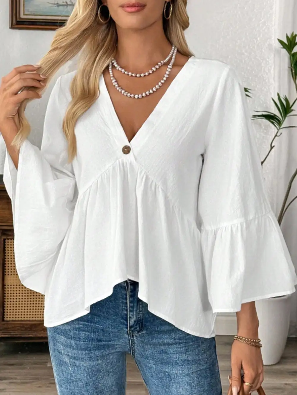 V Neck Ruffle Sleeve Cotton Blouse