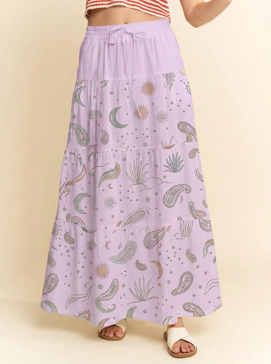 Women's Boho Celestial Paisley Printed Tiered Maxi Skirt