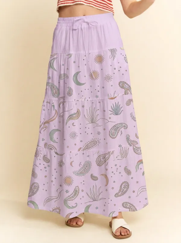 Women's Boho Celestial Paisley Printed Tiered Maxi Skirt