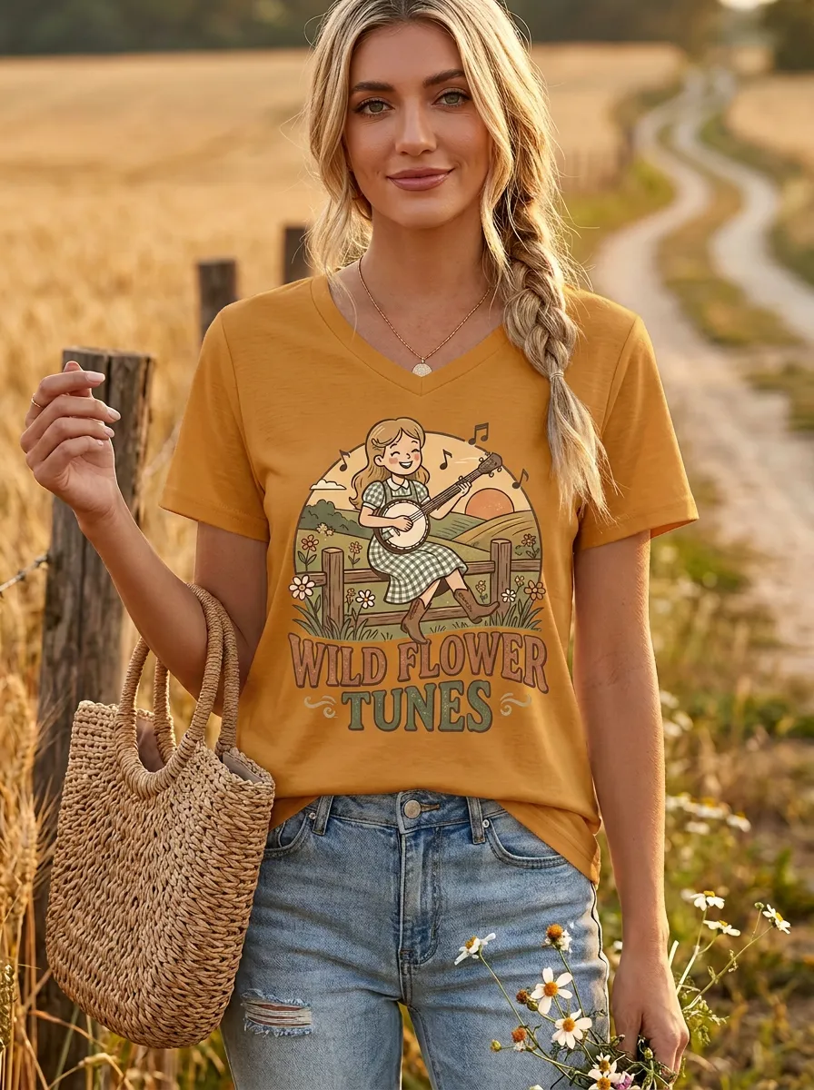 Prairie-Inspired Banjo Wildflower Custom Country Music V-Neck T-Shirt