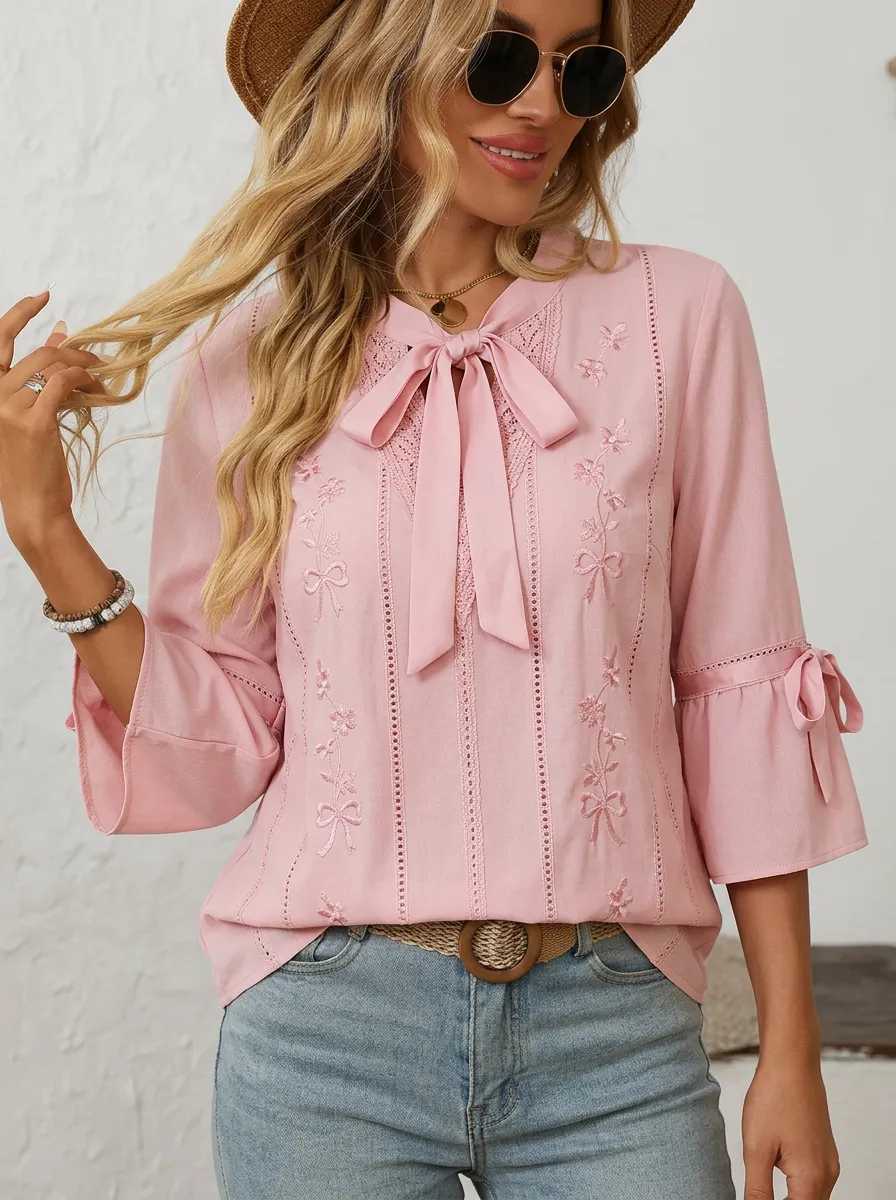Women's Tie-neck Floral Embroidered Lace-trim Blouse
