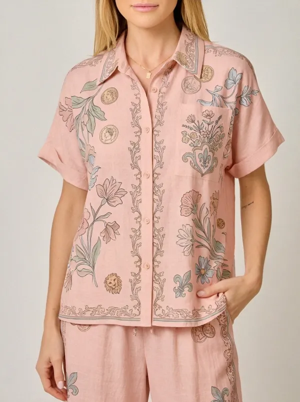 Women's Vintage Floral Coin Motif Printed Button-Down Shirt