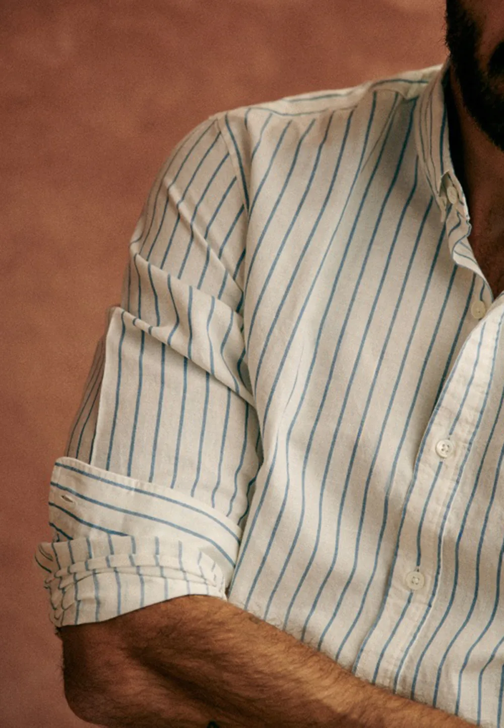 White Blue Stripe Cotton Linen Blend Button Down Shirt