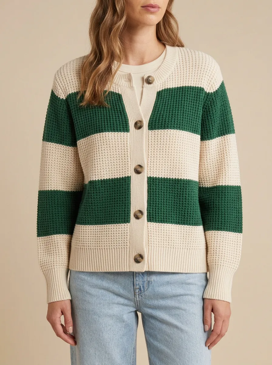 Striped Rugby Striped Waffle Knit Cardigan