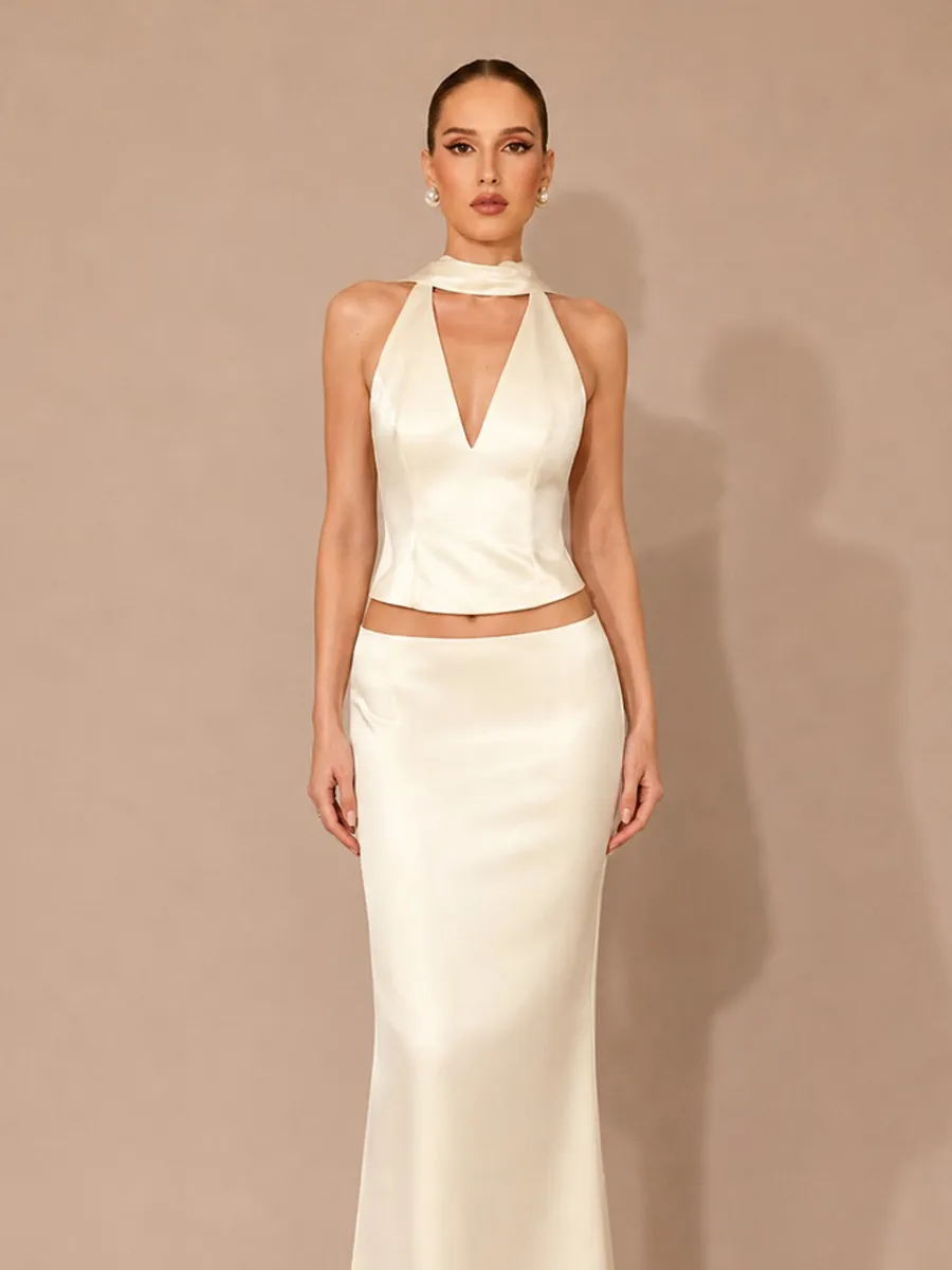 Kalista Satin Halter-Neck Open-Back Top + Maxi Skirt Set