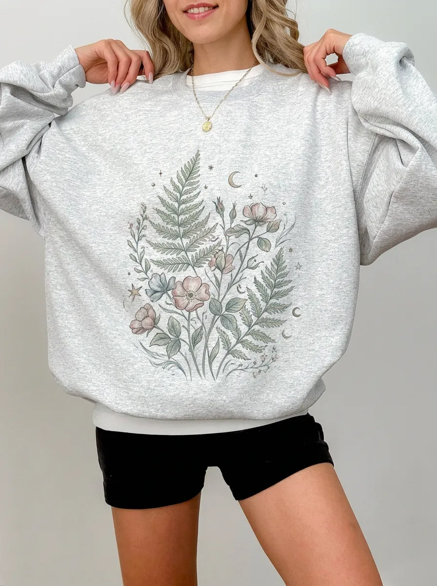 Women's Botanical Nature Lover Fern Flower Moon Printed Sweatshirt