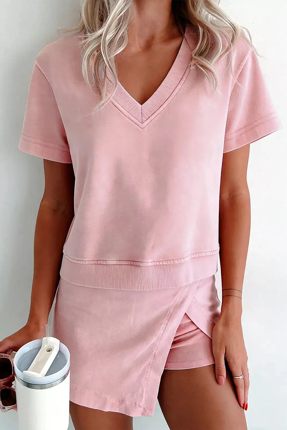 Casual V Neck Top Wrap Skort Set