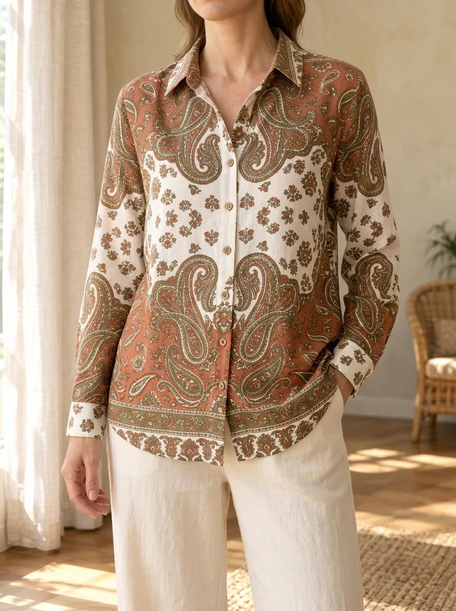 Women's Garden Boho Style Paisley Floral Shirt