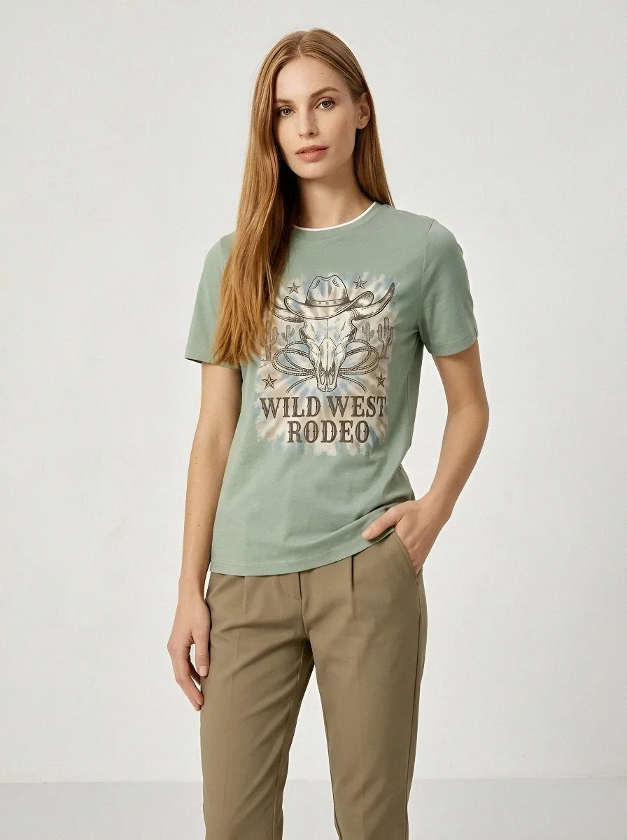 Women's Wild West Rodeo Cowboy Skull Printed T-shirt
