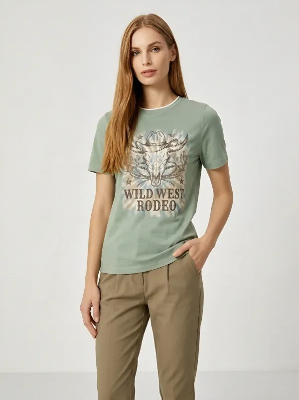 Women's Wild West Rodeo Cowboy Skull Printed T-shirt