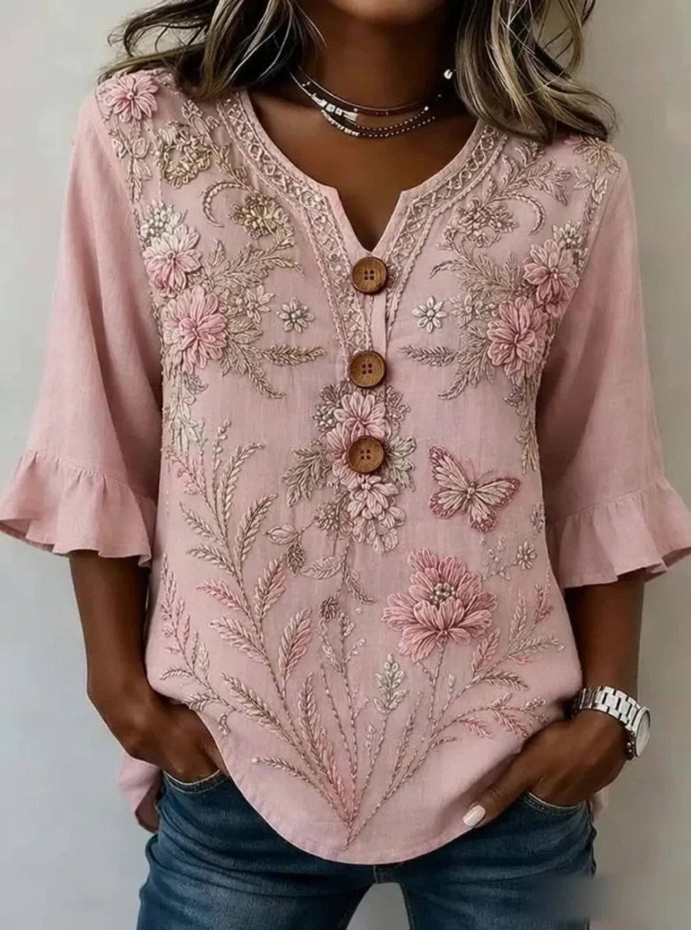 Women's Casual V-Neck Printed Cotton-Linen Top