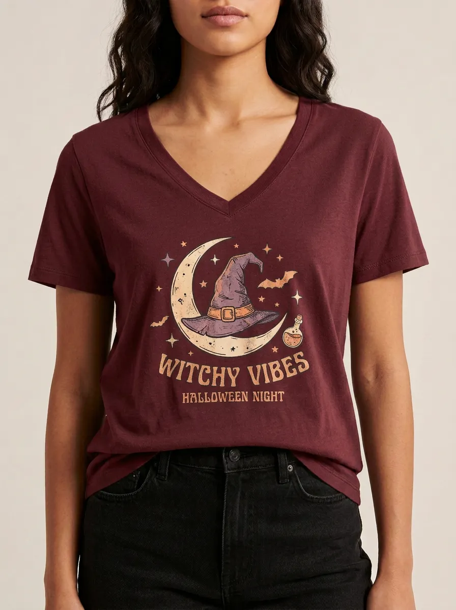 Women's Halloween Witchy Vibes Moon Hat Printed V-neck T-shirt