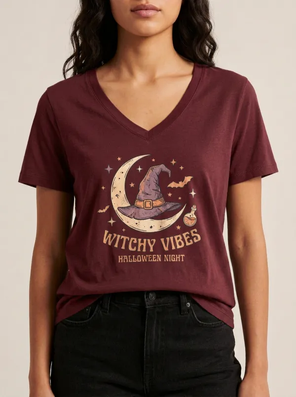 Women's Halloween Witchy Vibes Moon Hat Printed V-neck T-shirt