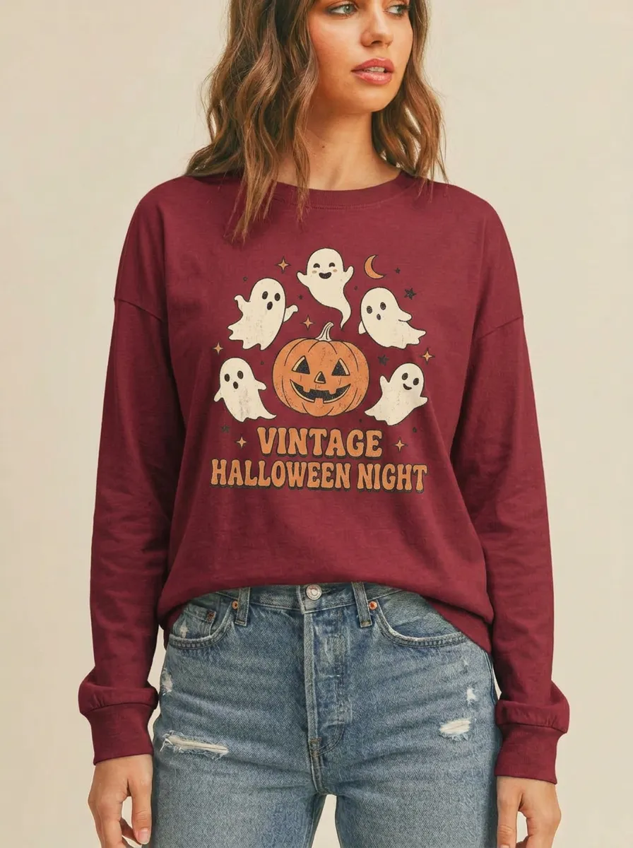 Women's Halloween Vintage Ghost Pumpkin Printed Long Sleeve T-shirt