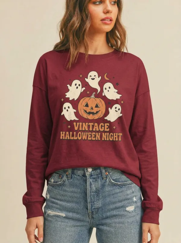 Women's Halloween Vintage Ghost Pumpkin Printed Long Sleeve T-shirt