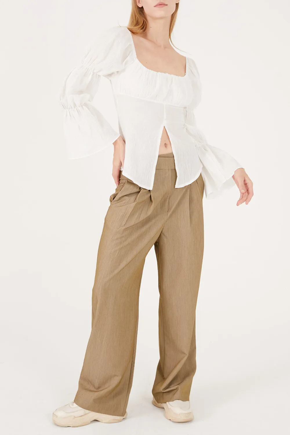 Balloon Sleeve W/ Front Slit Blouse