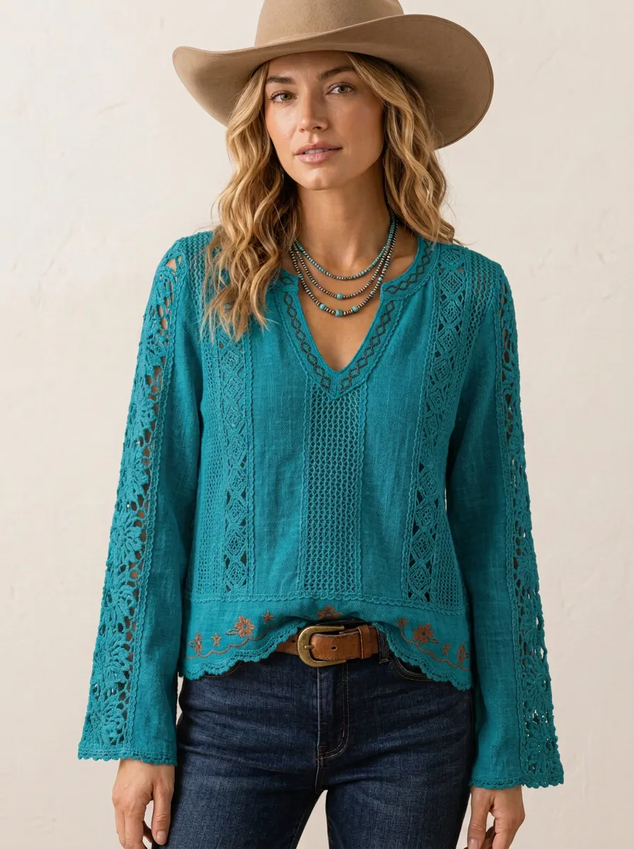 Women's Western Boho Floral Embroidered Crochet Lace Top