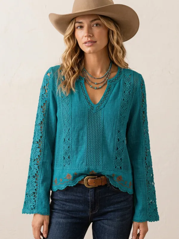 Women's Western Boho Floral Embroidered Crochet Lace Top