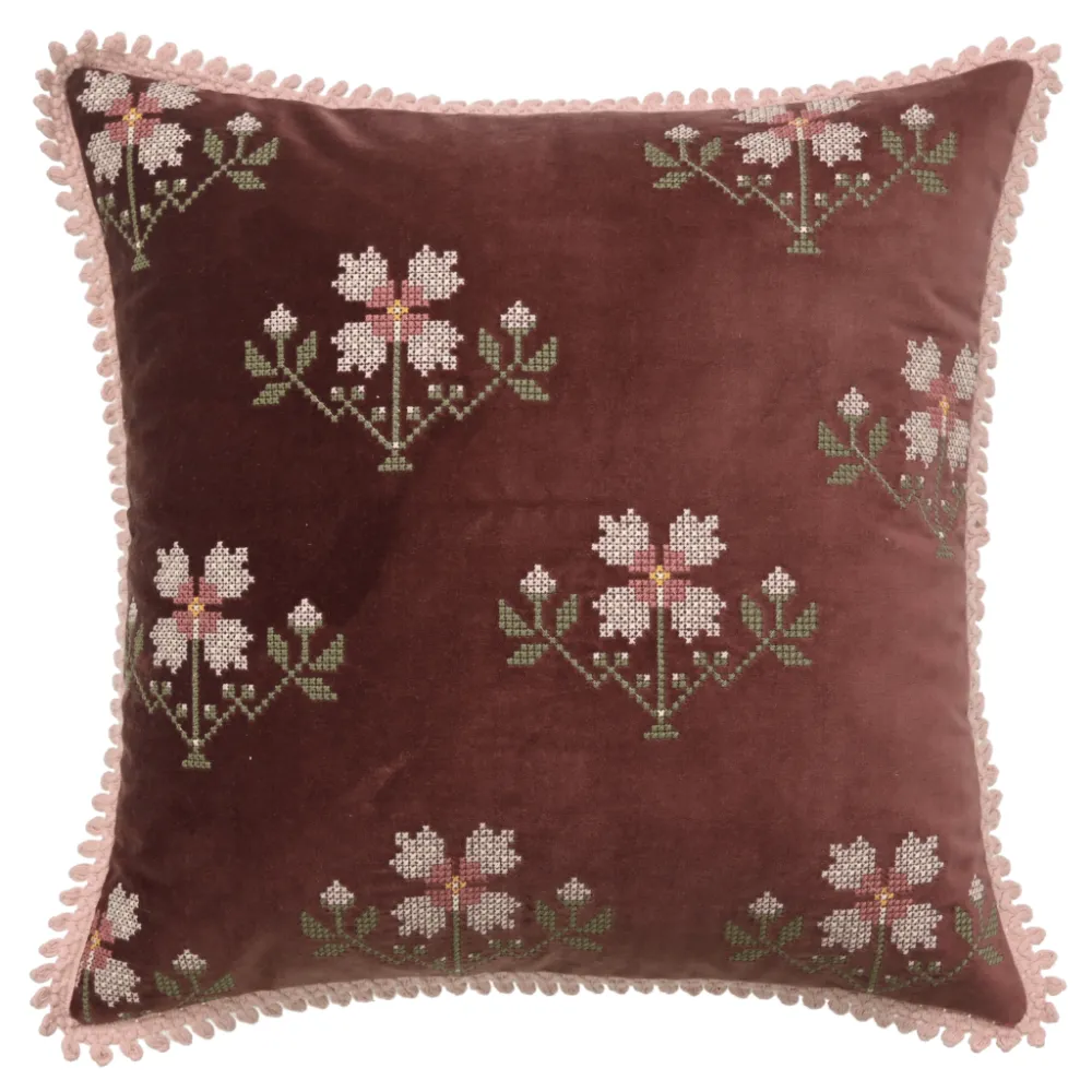 Embroidered Floral Traditional Velvet Decorative Cushion Cover
