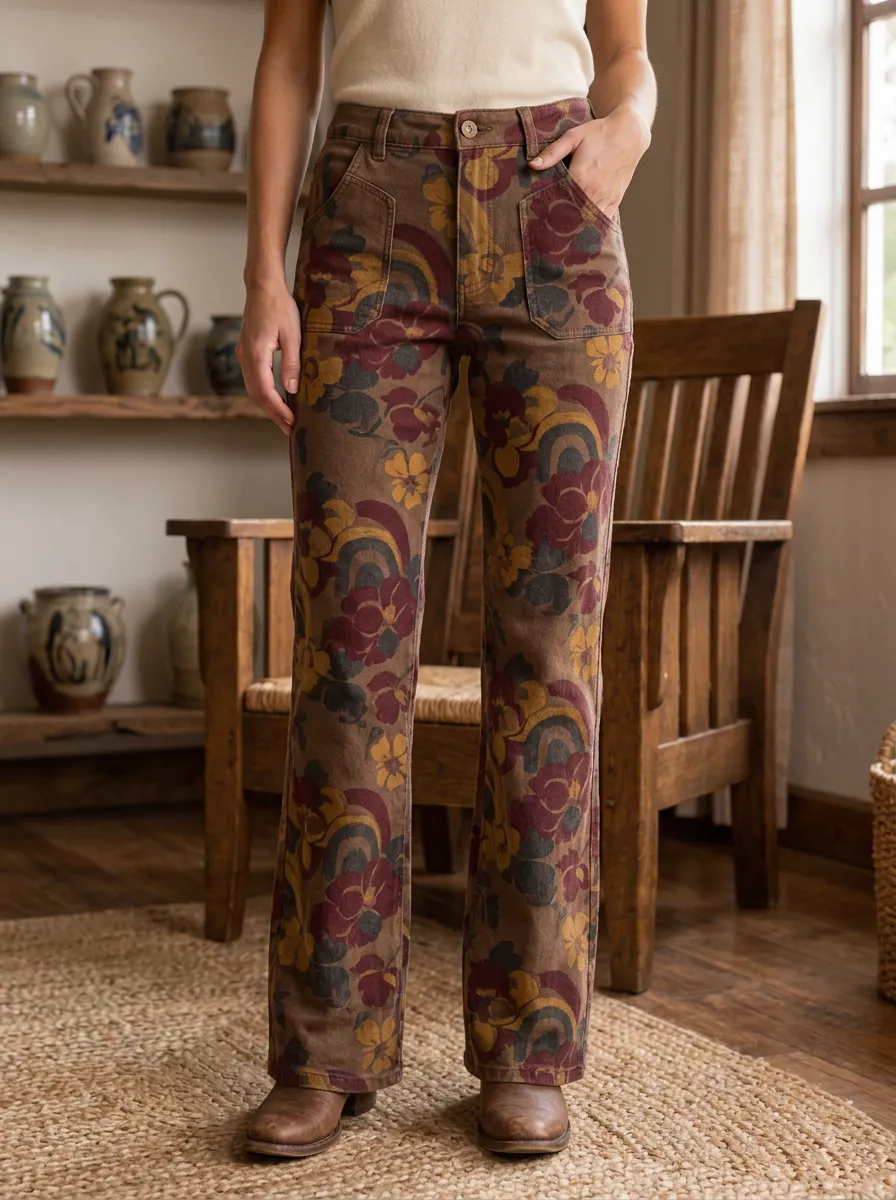 Women's Retro Floral Rainbow Printed Pants