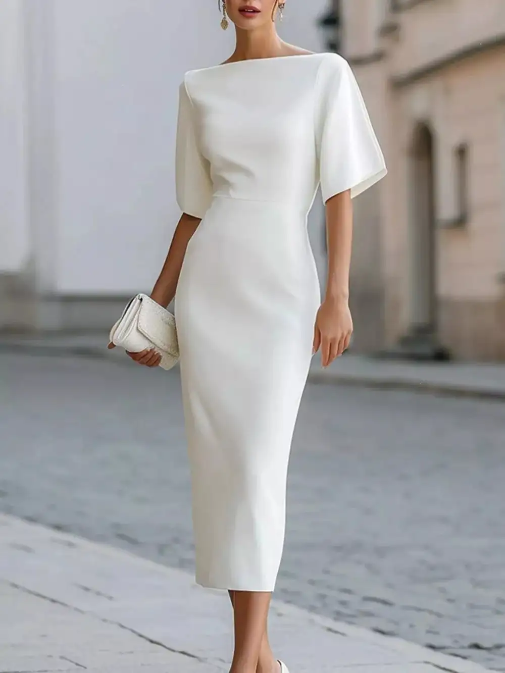 Half Sleeve Boat Neck Midi Dress