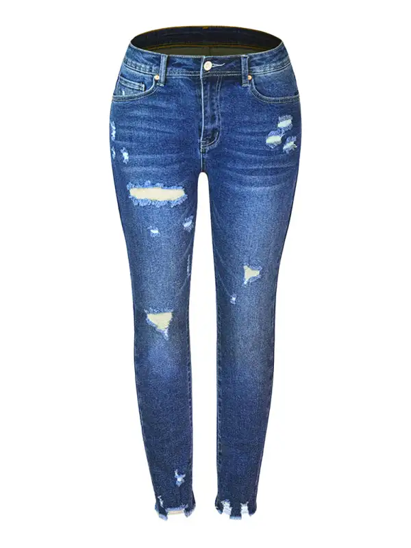 Washed Frayed Tassel Slim High Elastic Denim Jeans